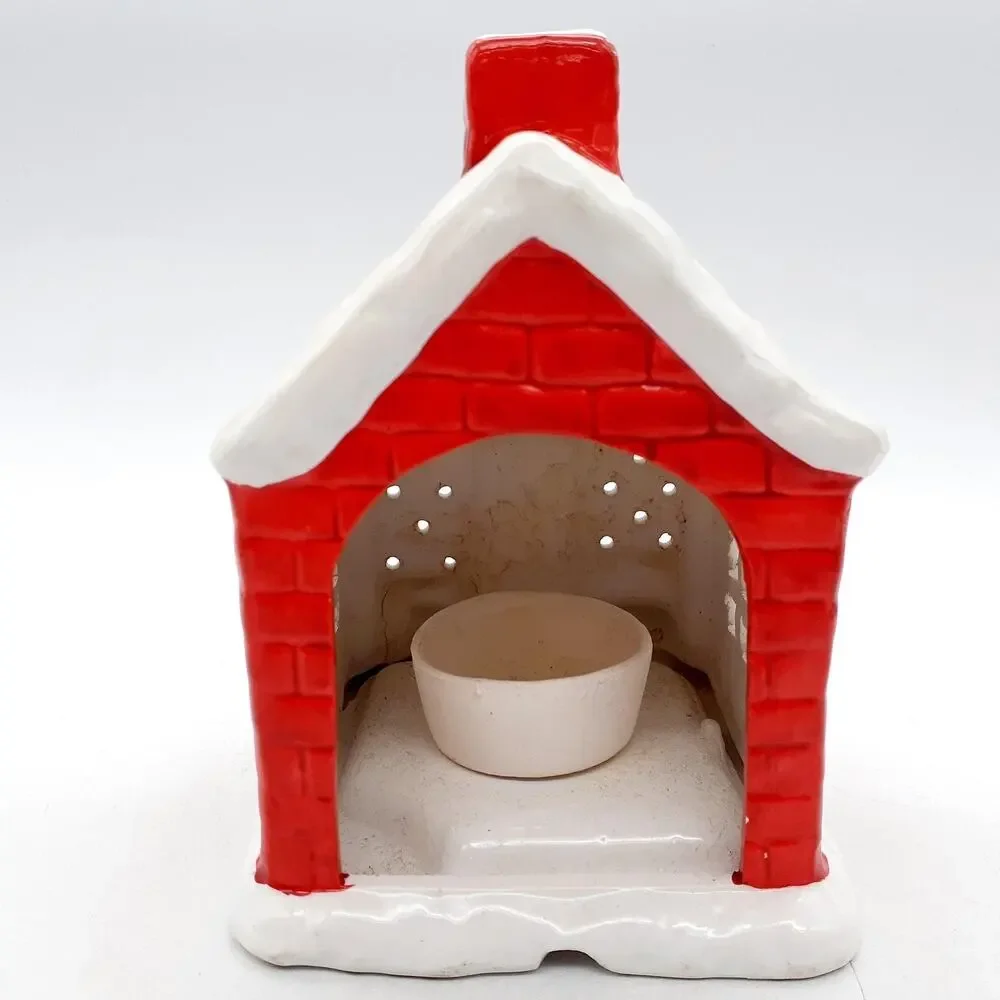 Ceramic Christmas House Tealight Candle Holder Small Red Roof Holiday Decor